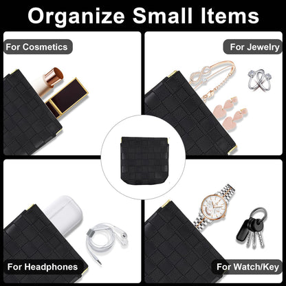 3Pcs Small Makeup Bag for Purse, Waterproof Portable Checkered Leather Makeup Pouch, Small Purse Pouches for Purse Small Coin Purse Organizer Pouches Snap Closure Pocket Cosmetic Bag for Women (Black)