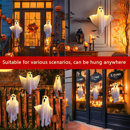 4Packs Halloween Ghost Decorations Halloween Hanging Ghosts with Light Strings String Lights Battery Operated Halloween Decor Spooky Ghost Ornaments for Home Tree Garden Yard (White)