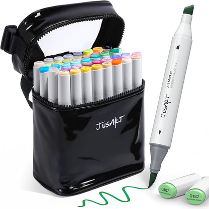 JusArt Alcohol Brush Markers, 48 Colors Dual Tip Art Markers with Brush & Chisel, Alcohol Based Marker Set for Adult Coloring Books, Drawing, Illustration, Sketching, No Bleed Ink Art Supplies