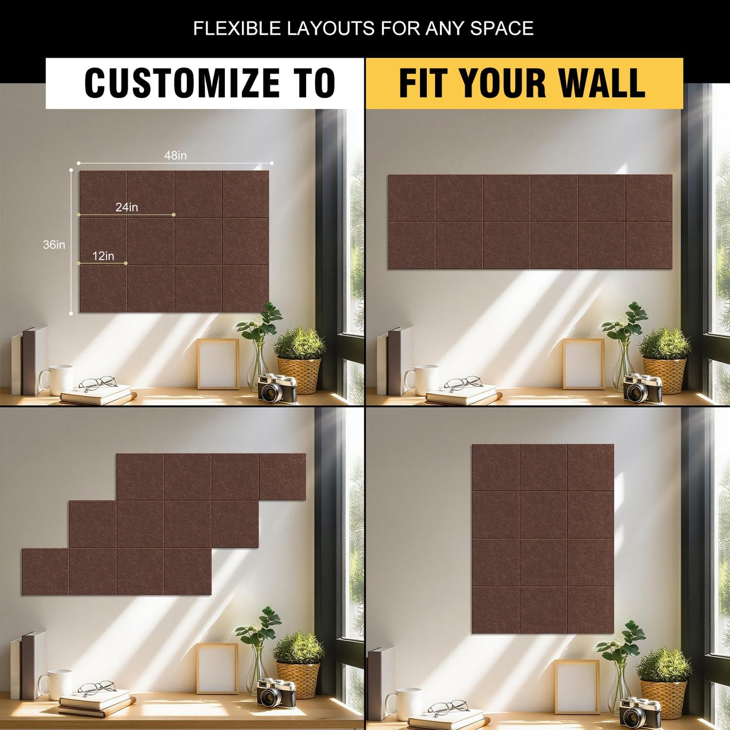 TSJOFFICE Large Cork Board for Wall - 48" x 36" Bulletin Board with 50 Pushpins for Office Decor, Pin Board 12 Pack Felt Wall Tiles with Safe Removable Adhesive Tabs, Corkboard for Home Office - Red
