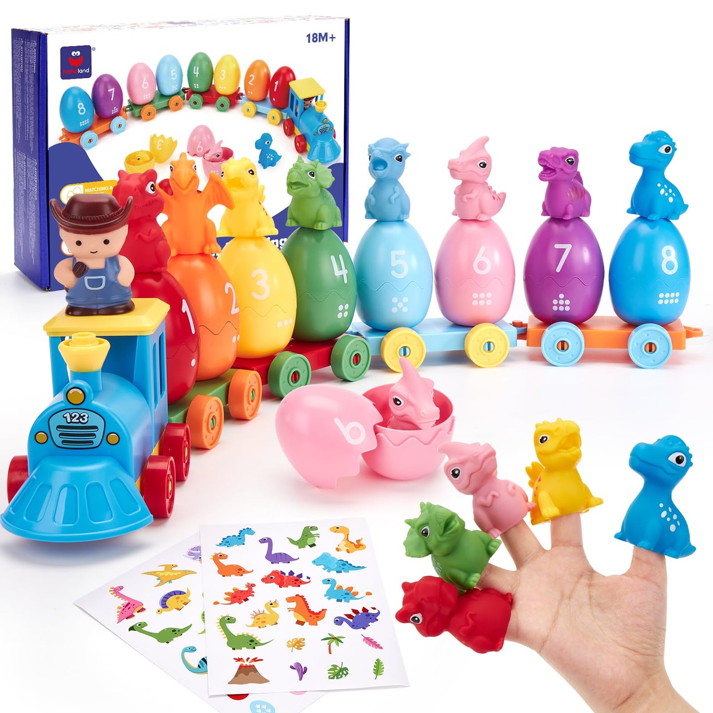 hahaland Toddler Learning Toys for 2 3 Year Old – Montessori Counting Matching Train Set with 8 Dinosaurs & Sorting Easter Eggs, Dino Stickers Toddler Toys for Kids 1-3 Years Easter Basket Stuffers