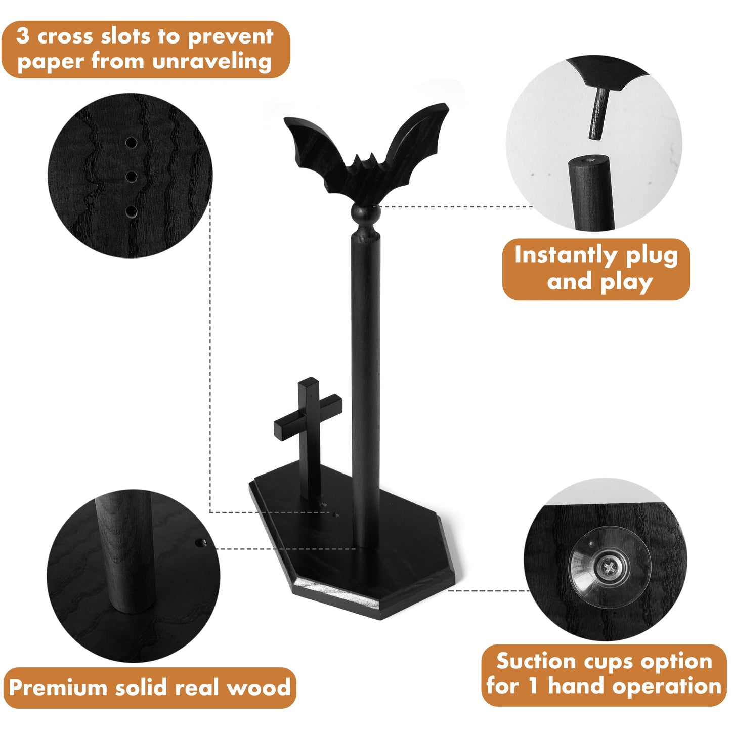 Kihomi Bat Paper Towel Holder with Suction Cups - Black Wooden Coffin Paper Roll Holder, Gothic Kitchen and Bathroom Accessory, Halloween Decor, Spooky Rustic Table and Witchy Gifts for Women (Bat)