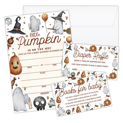 ZEDEV Deluxe Baby Shower Invitations 25 Sets, A Little Pumpkin Is On The Way, Pumpkin Cute Ghost for Halloween, Party Invites Cards with Book Cards Diaper Raffle Tickets and Envelopes -02
