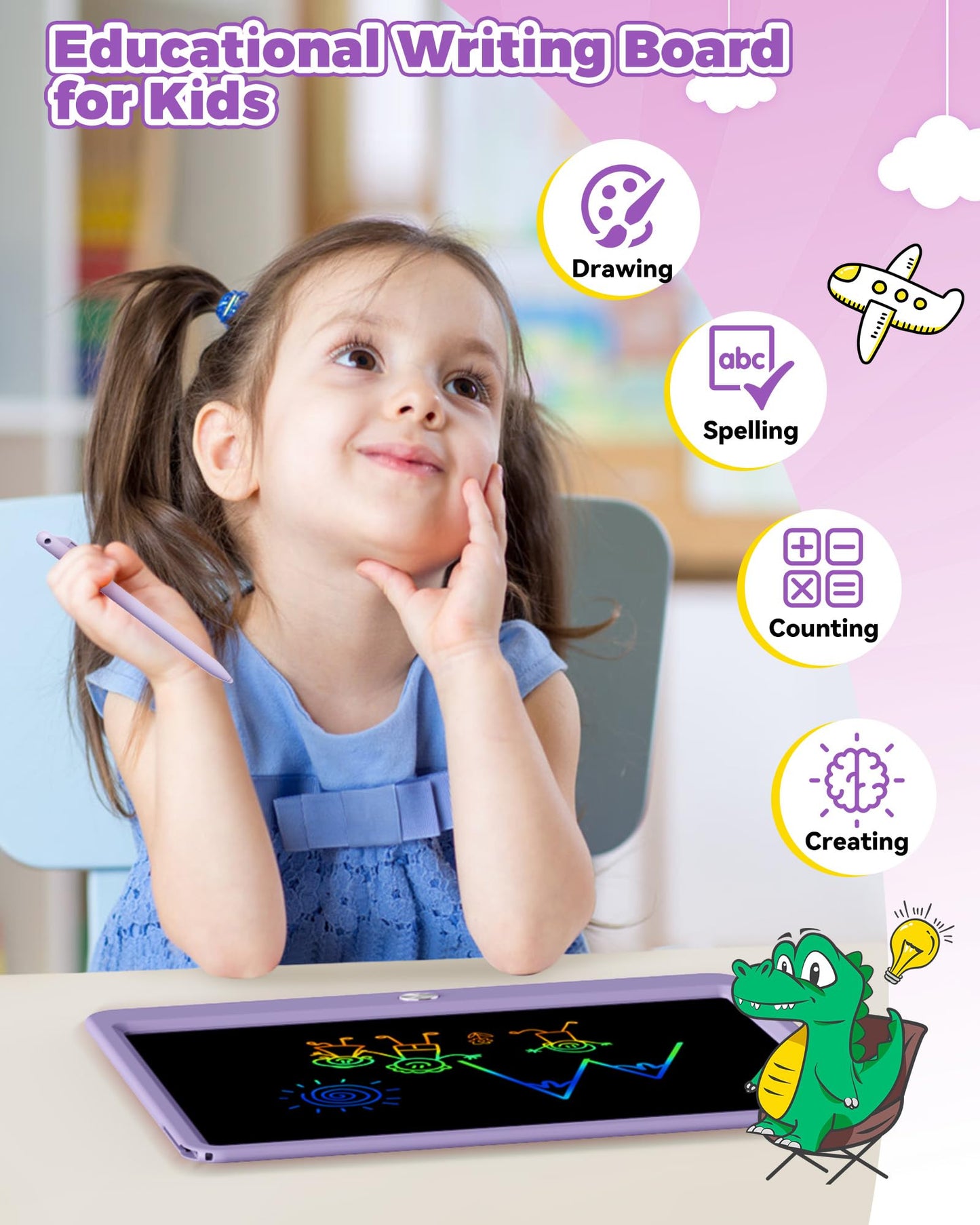 KOKODI 12 Inch LCD Writing Tablet with Anti-Lost Stylus Erasable Doodle Board Colorful Toddler Drawing Pad Car Travel School Games Toys for 3 4 5 6 7 8 Kids Birthday Gift for Girls Boys Adults Purple