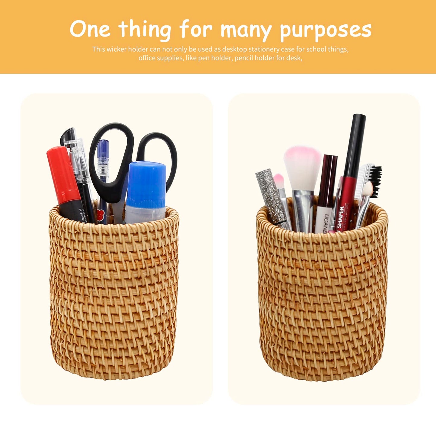ZUDKSUY 2 Pack Rattan Pencil Holder for Desk Handmade Pen Organizer Bucket Boho Desk Accessories Pen Cup Holder Aesthetic Holder for Desk Cute