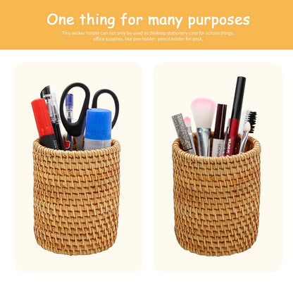 ZUDKSUY 2 Pack Rattan Pencil Holder for Desk Handmade Pen Organizer Bucket Boho Desk Accessories Pen Cup Holder Aesthetic Holder for Desk Cute