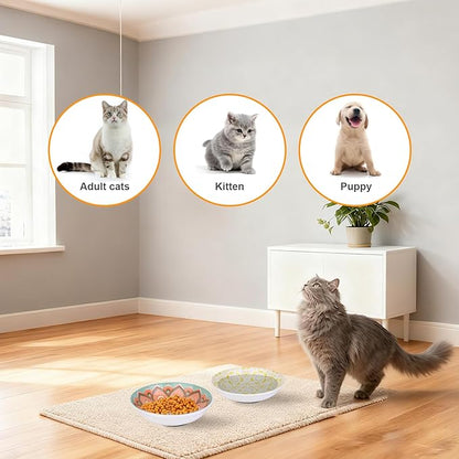 HAPPY KIT Ceramic Cat Food Bowl, Non-Slip Whisker Fatigue Cats Bowl, 5.75” Shallow Dish for Indoor, Boho Whisker Friendly Cat Bowls, Small Kitten Plates with Silicone Bottom