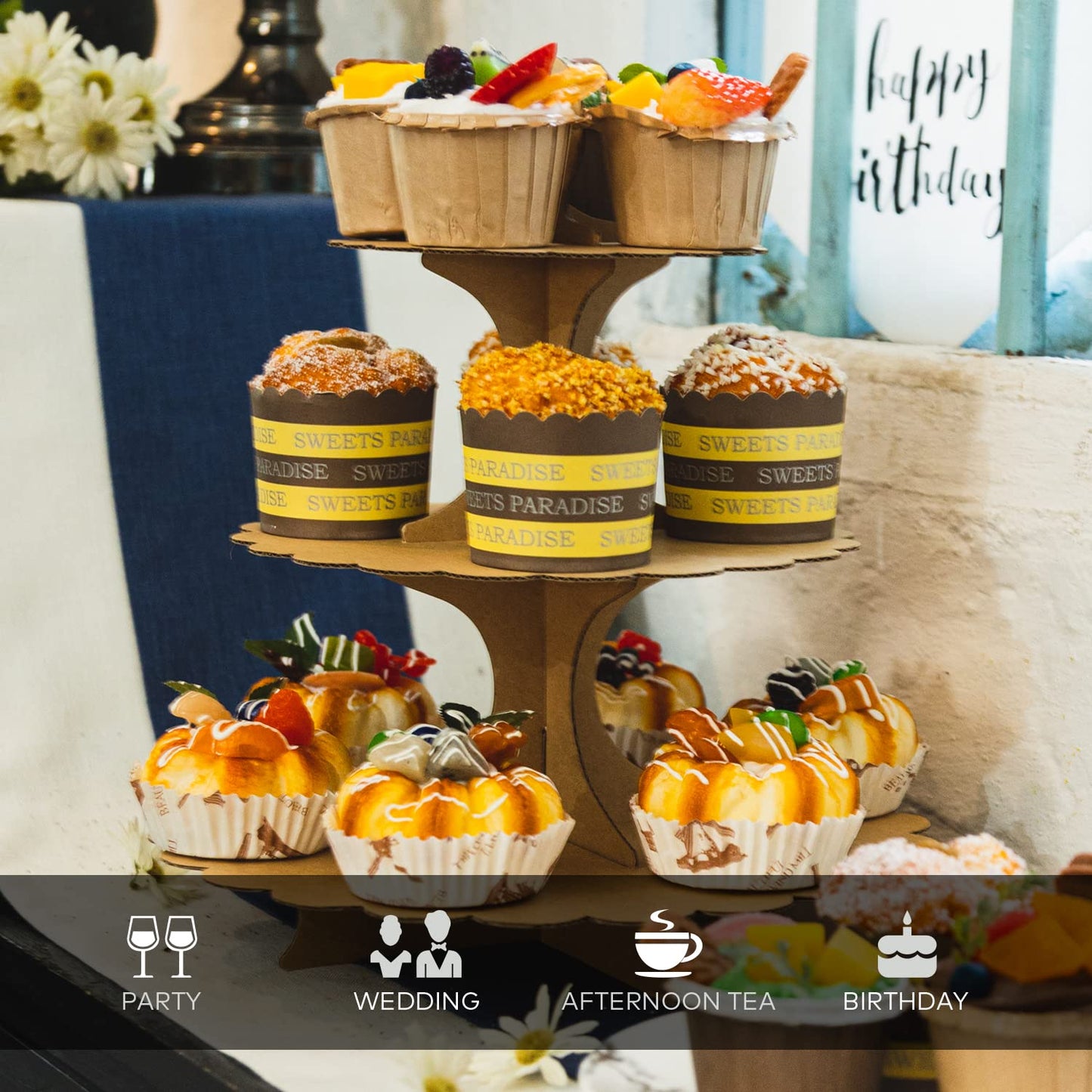 Humlindo 3-Tier Brown Cupcake Stand, Vintage Kraft Paper Dessert Display Tower, Rustic Party Serveware for Wedding Birthday Baby Shower (2-Pack) ﻿