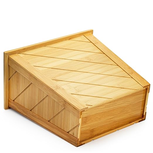 Frcctre Bamboo Waste Basket, Rectangular Compact Waste Trash Can Garbage Bin Built-in Handles Brown Container Bin for Bedroom, Office, Living Room, Kitchen, Bathroom