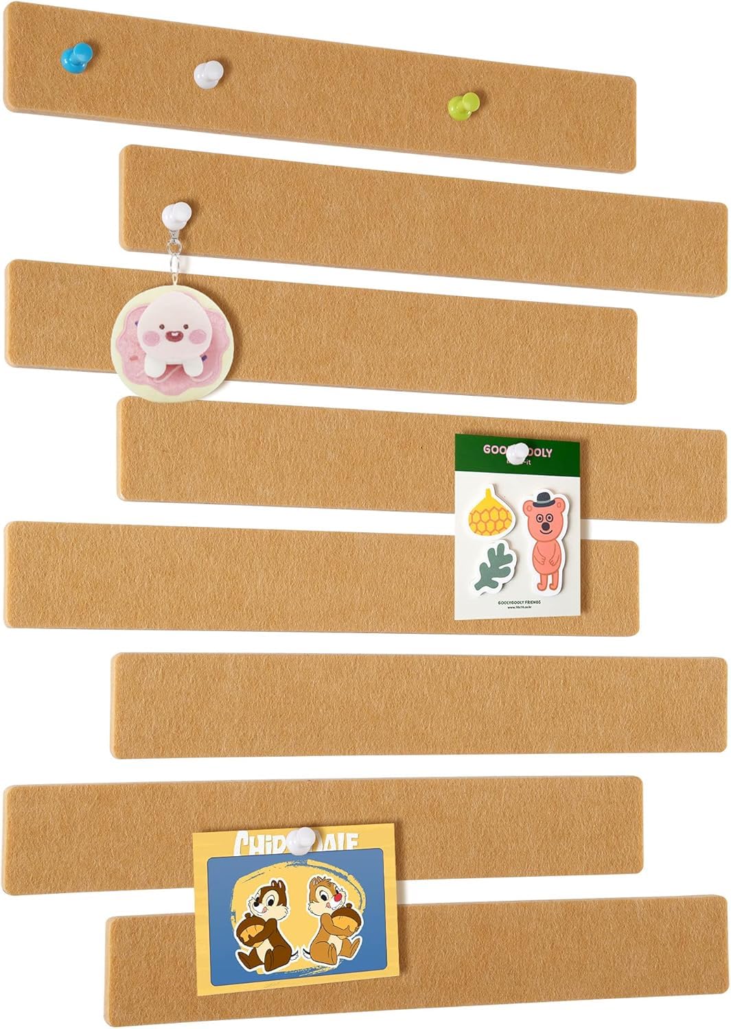 GoTiling Cork Board for Walls - 8 Pack Felt Pin Board Bar Strips - Self-Adhesive Lightweight Bulletin Board - Cork Board for Office with 40 Push Pins No Damage for Wall (Camel)