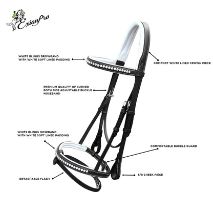Exion White Shine Blings & Browband & Snaffle Bling Noseband & White Soft Lined Padded Bridle & Rubber Reins. | Browbands with Bling | Bling Browbands | English Tack for Horses
