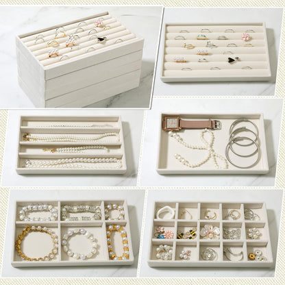 Exclaith 9 Set Velvet Jewelry Drawer Organizer Inserts, Stackable Jewelry Organizer Trays with Removable Dividers, Jewelrys Storage Display Tray, for Earring Ring Necklace Watch Bracelet, Beige