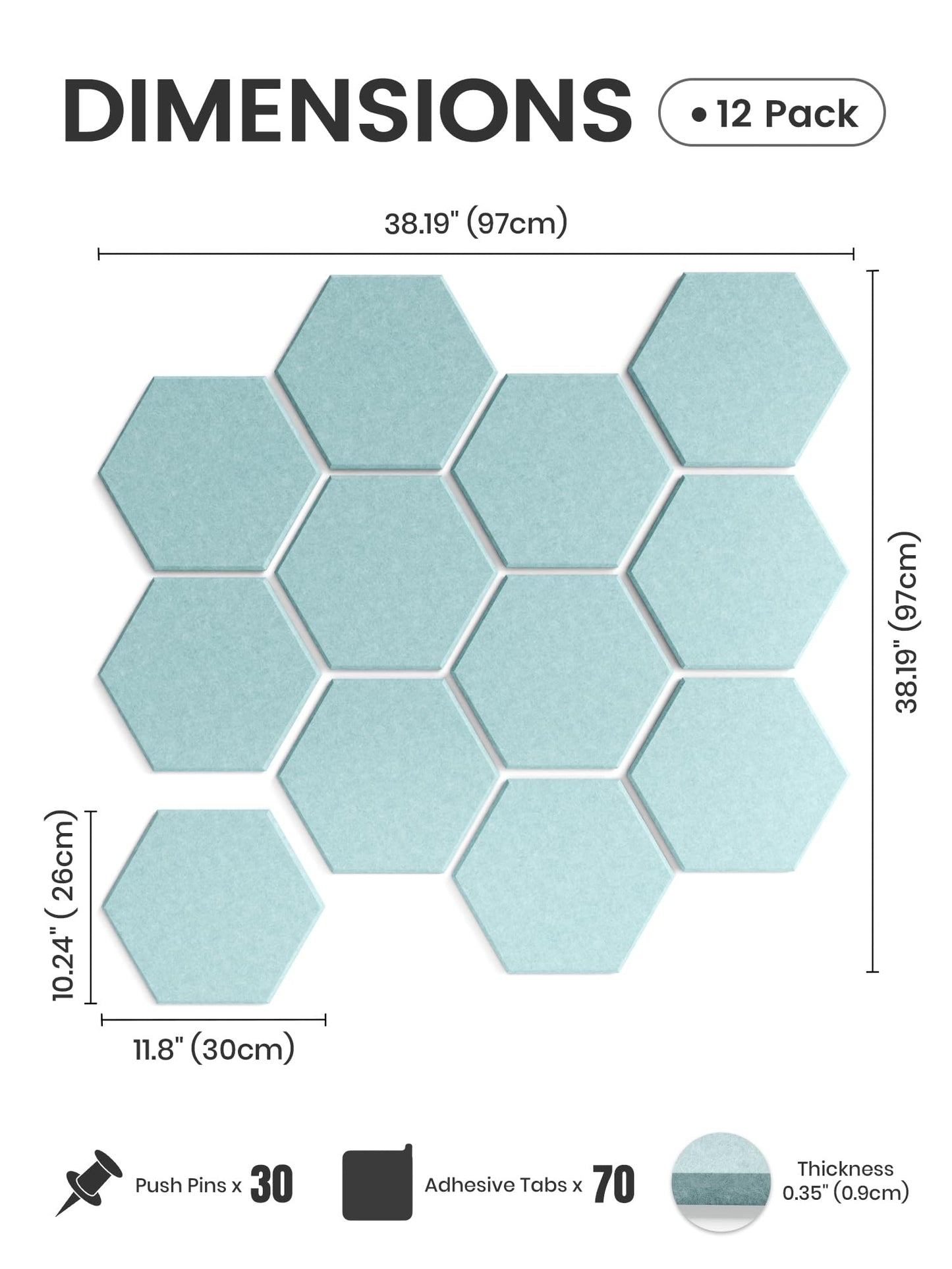 Fluxynara Hexagon Cork Board Alternative for Walls Decor-12-Pack Felt Bulletin Board Tiles,with 30 Pushpins,70 Adhesive Tabs for Office,Classrooms & Home Pin Board Felt Board-Teal Blue