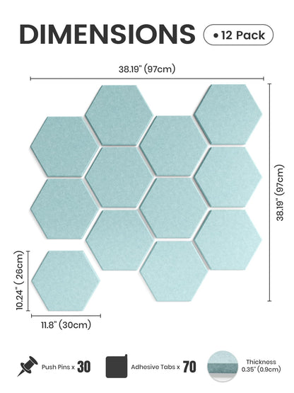 Fluxynara Hexagon Cork Board Alternative for Walls Decor-12-Pack Felt Bulletin Board Tiles,with 30 Pushpins,70 Adhesive Tabs for Office,Classrooms & Home Pin Board Felt Board-Teal Blue