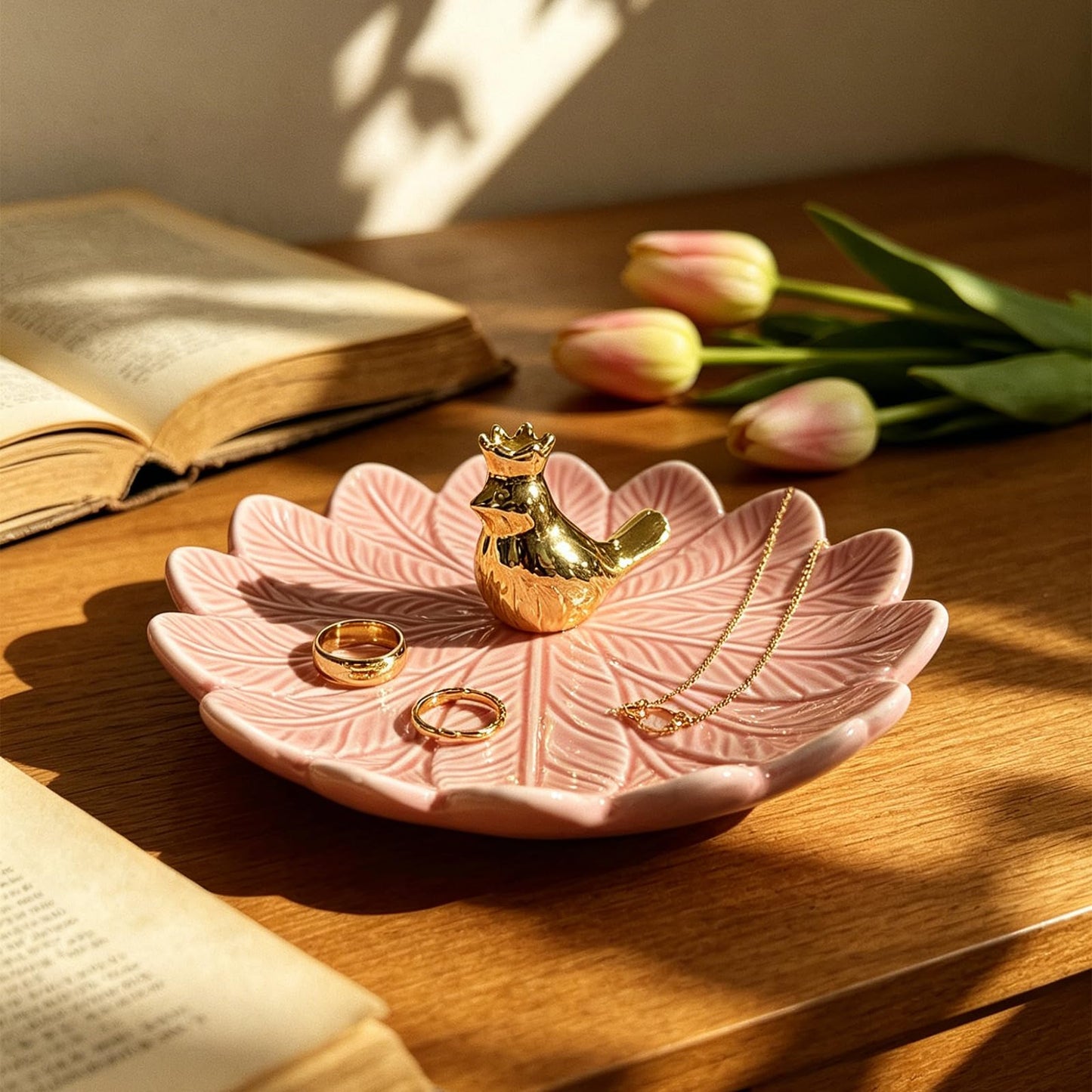 ONEPEACE Golden Bird Ceramic Ring Holder Dish for Women, Decorative Jewelry Tray Trinket Dish for Rings Earrings Necklace Organizer, Engagement Wedding Ring Holder, Christmas Birthday Gifts (Pink)