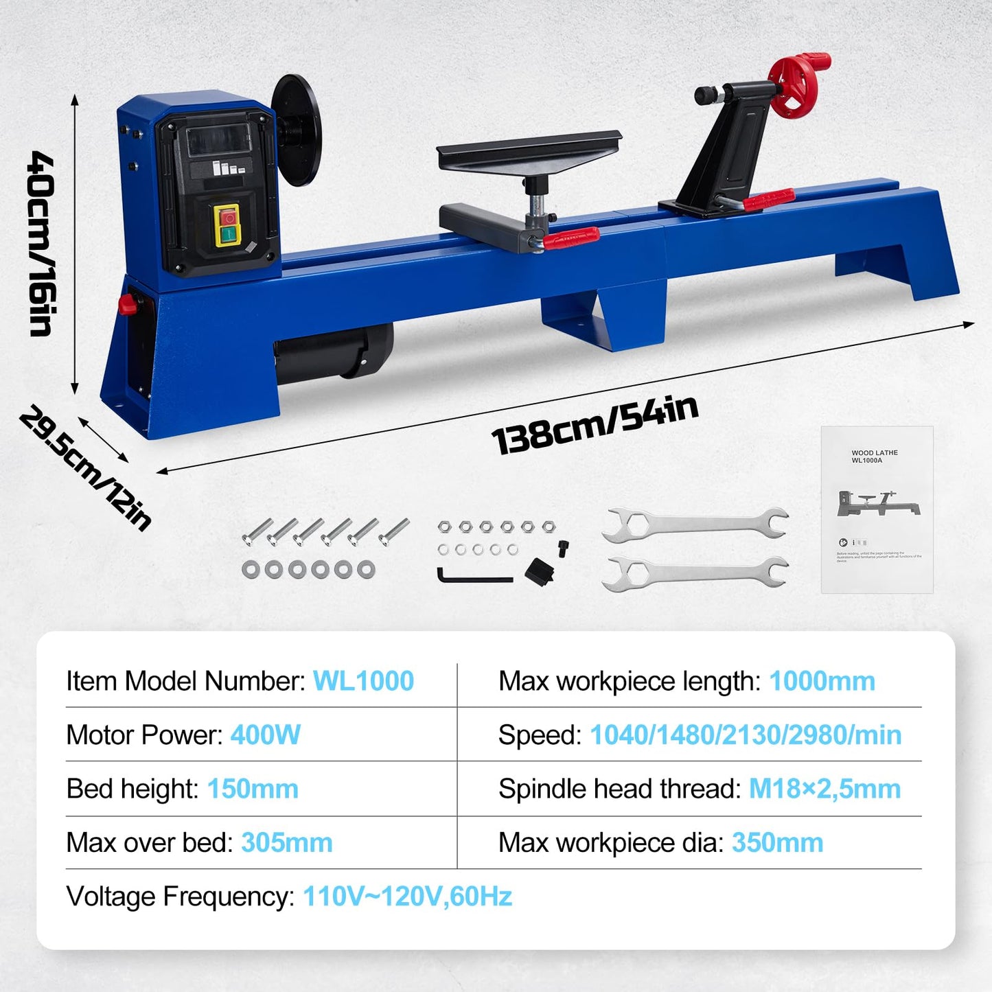 GarveeTech Wood Lathe, 14 in x 40 in, Power Wood Turning Lathe 400W, 4 Speed 1040/1480/2130/2980RPM, Benchtop Wood Lathe for High Speed Sanding and Polishing of Finished Work