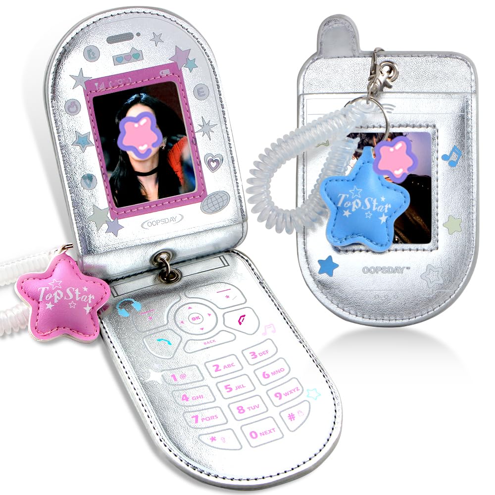2Pcs Star Cute Kpop Photocard Holder Keychain Mobile Phone Shape Pu Leather Photo Card Holder Keychain Pink Blue Kawaii Flip Phone Shape Pc Holder Kpop Korean Star Pendant School Stationery Gifts