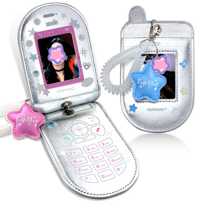 2Pcs Star Cute Kpop Photocard Holder Keychain Mobile Phone Shape Pu Leather Photo Card Holder Keychain Pink Blue Kawaii Flip Phone Shape Pc Holder Kpop Korean Star Pendant School Stationery Gifts