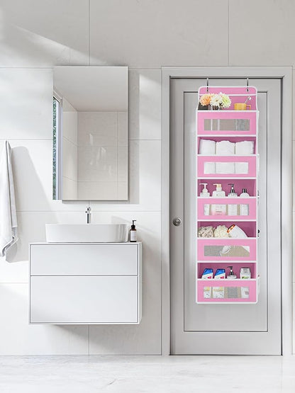 JARLINK Over The Door Organizer Storage, 5 Shelf Hanging Door Organizer with 5 Large Capacity Pockets, Anti Tilt 44 lb Load Behind Door Storage for Bedroom, Bathroom, Pantry, Nursery, (Pink)