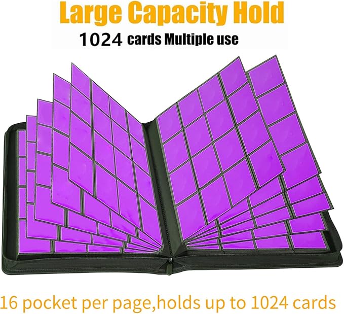 16 Pocket Card Binder, Ringless Zip Trading Card Binder, 1000+ Double Sided Pocket PU Collection Binder, Collector Album, Card Folder for MTG, TCG, Sports Cards