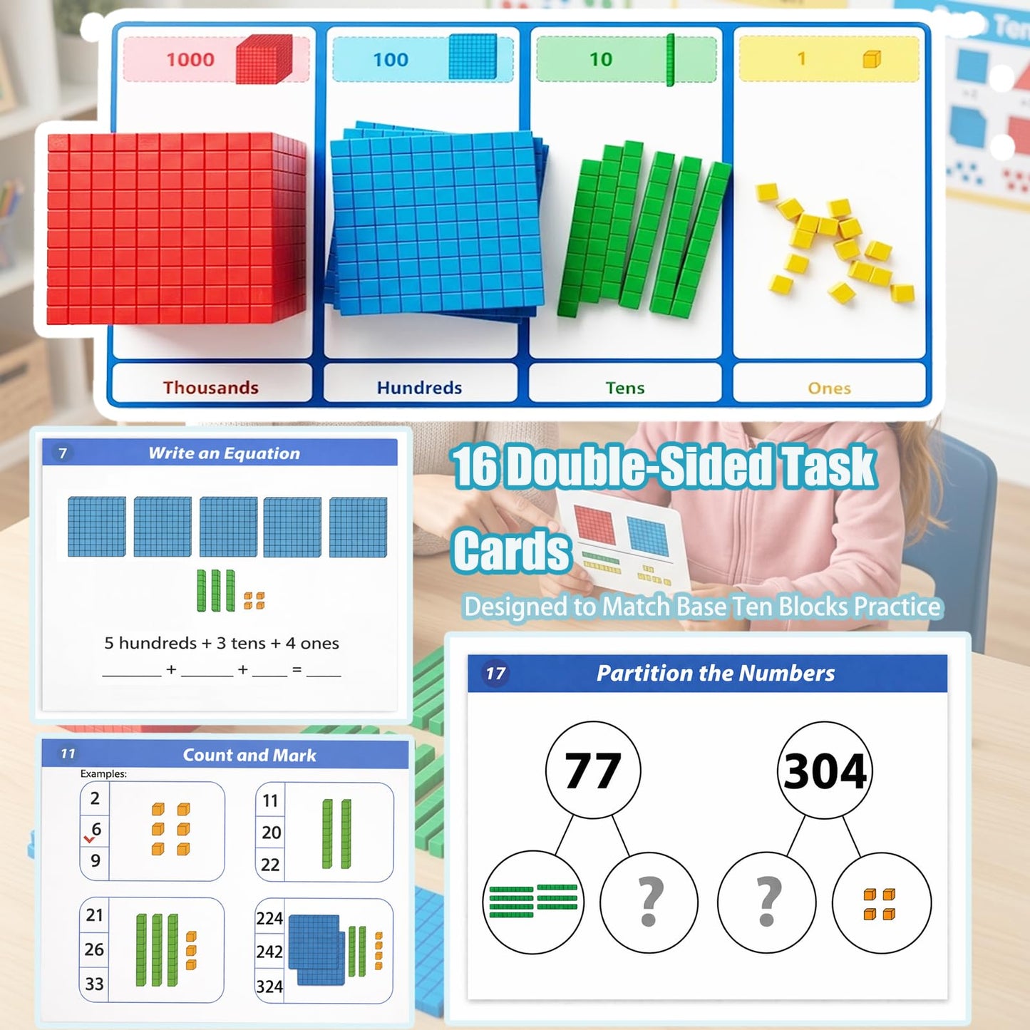 153 pcs Base Ten Blocks Math Manipulatives, Counting Cubes Set for Kids, Place Value Blocks for Kindergarten 1st Grade Classroom Homeschool Learning Kit