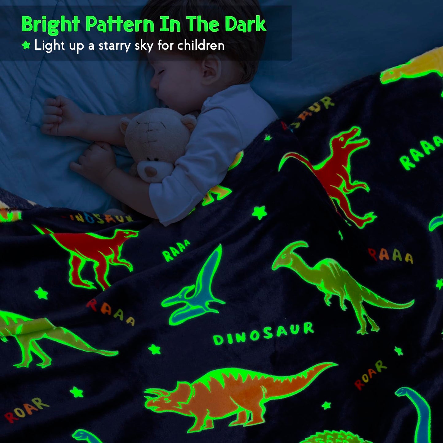 Jekeno Dinosaur Glow in The Dark Blanket Dino Gift Throw for Kids Boys Girls Birthday Christmas Halloween Easter Decor for Age 1-16 Years Old Teens Child Toddler Son Throw Navy Blue 50"x60"
