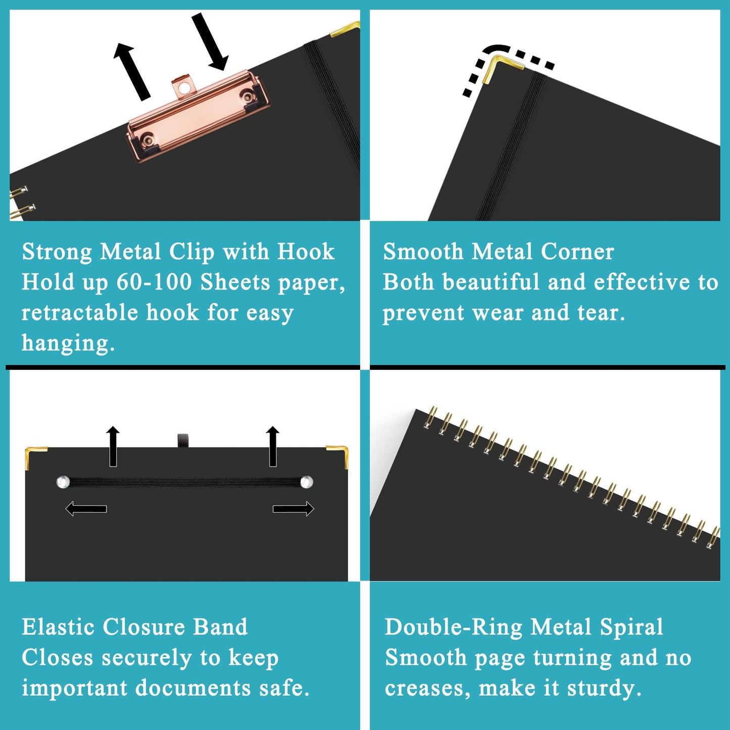 HAUTOCO Clipboard Folio with Refillable Lined Notepad for Letter Size (11" x 8.5"), 5 Dividers with 10 Pockets, Elastic Pen Holder and File Folder Labels, Spiral Nurse Clipboard Artboard(Black)