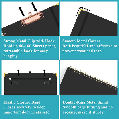 HAUTOCO Clipboard Folio with Refillable Lined Notepad for Letter Size (11" x 8.5"), 5 Dividers with 10 Pockets, Elastic Pen Holder and File Folder Labels, Spiral Nurse Clipboard Artboard(Black)