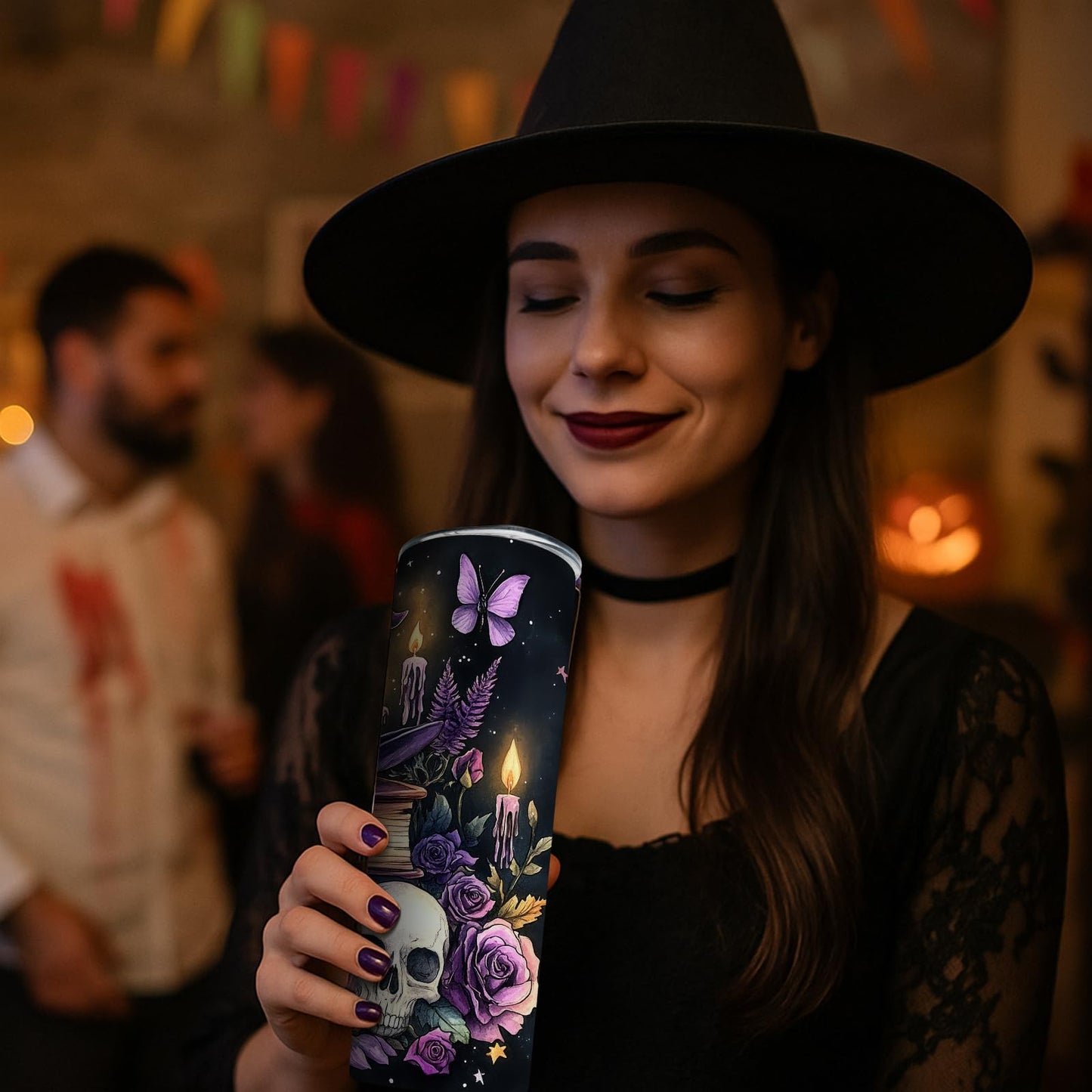 Halloween Witchy Magic 20oz Skinny Tumbler, Gothic Floral Stainless Steel Insulated Travel Mug with Lid, Purple Witch Hat Skull and Book Design, Spooky Gift for Mom Wife Sister Friends