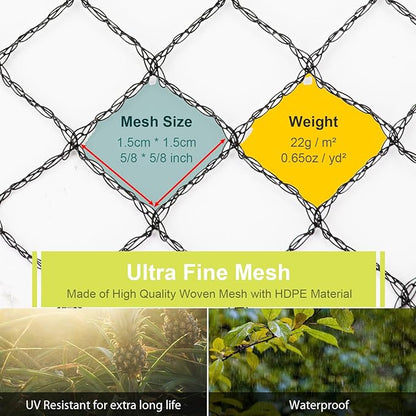 Bird Netting for Garden, 26 x 49FT Heavy Duty Anti Bird Netting Mesh with Ties and Landscape Staples for Vegetable, Fruit Trees & Other Plants, Lasting Against Birds Squirrels and Poultry, Black