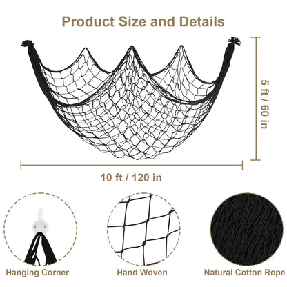 10x5 Feet X-Large Fish Net Decorations for Party - 2 Pack Black Fishing Net Decor for Halloween Gothic Pirate Party, 3mm Cotton Decorative Netting Table Runner Photo Display Backdrop Wall Decor