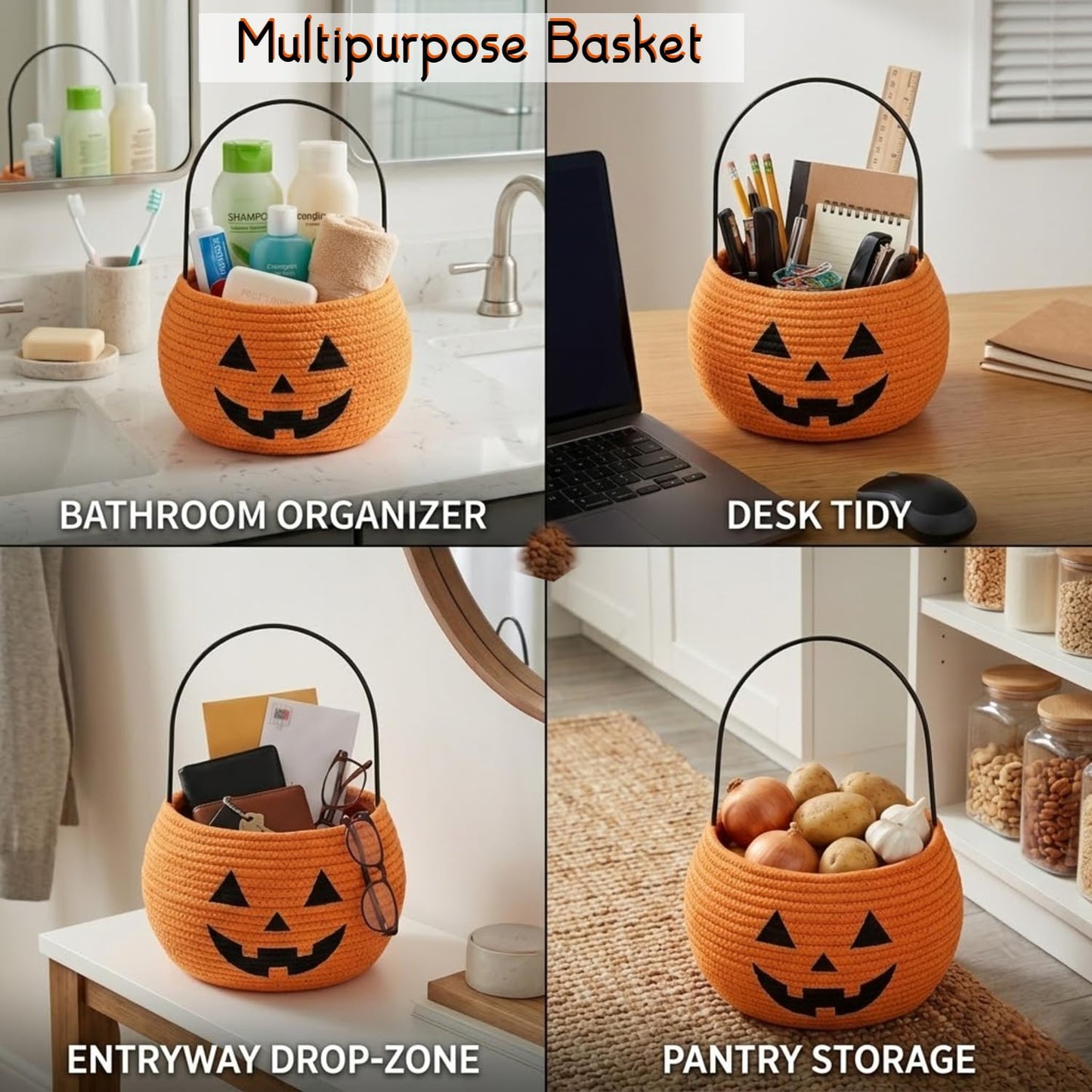 Pumpkin Storage Basket | Woven Cotton Rope Bin | Cute Halloween Candy Bowl, Trick or Treat Bag, Boo Gift, Stuffer Filler | Multipurpose Home Organizer & Gift Basket with Handles | Decorative Container