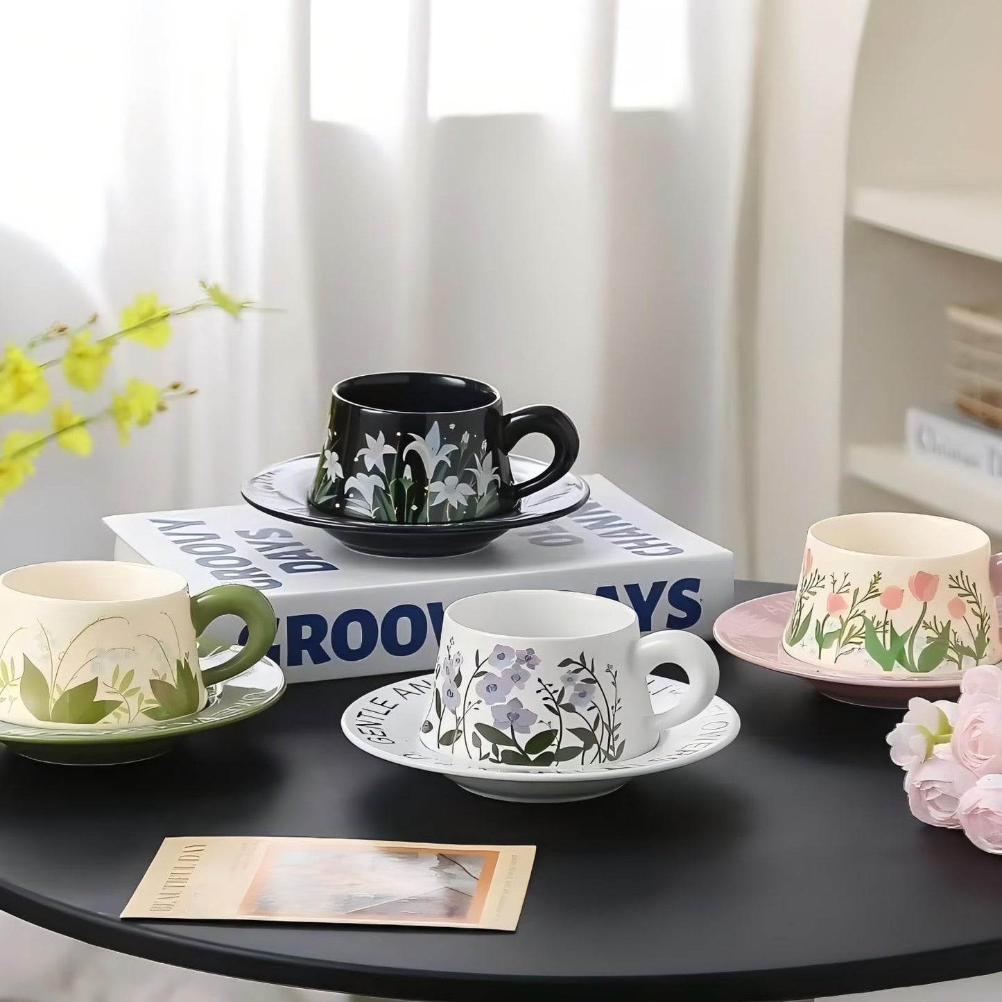 EWCEFIC Cute Ceramic Coffee Mug and Saucer Set for Women, Spring Floral Embossed Design, 9.5oz/280ml, Perfect for Home, Office & Holiday Gifts (Pink Tulip)