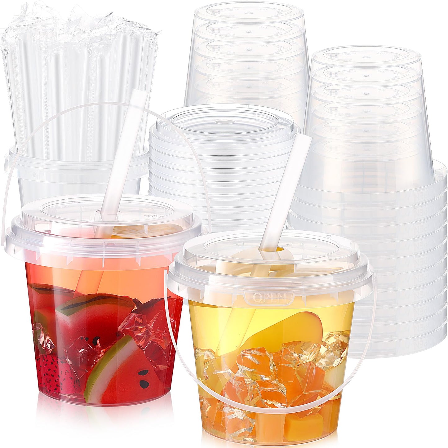 Funnymoom 15 Set 24oz Clear Plastic Drink Buckets with Lids and Straws Disposable Iced Coffee Cups Rum Buckets for Cocktail Parties Smoothie Cup Bulk with Handles for Beach Pool Party Supplies