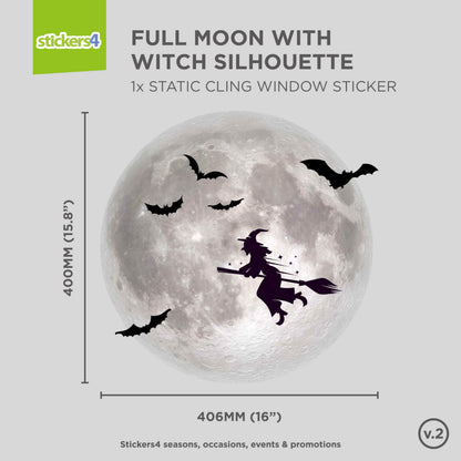 Large Halloween Window Clings for Glass Windows - 16" x 16" Moon Window Decal - Witch Clings Silhouette - Halloween Decorations