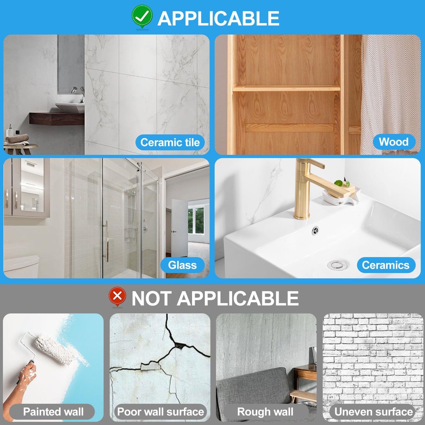 JINSHUNFA Adhesive Wall Hooks 13LB Heavy Duty No Drill Large Transparent Waterproof Hooks for Bathroom Kitchen Towel Coat 8 Pack