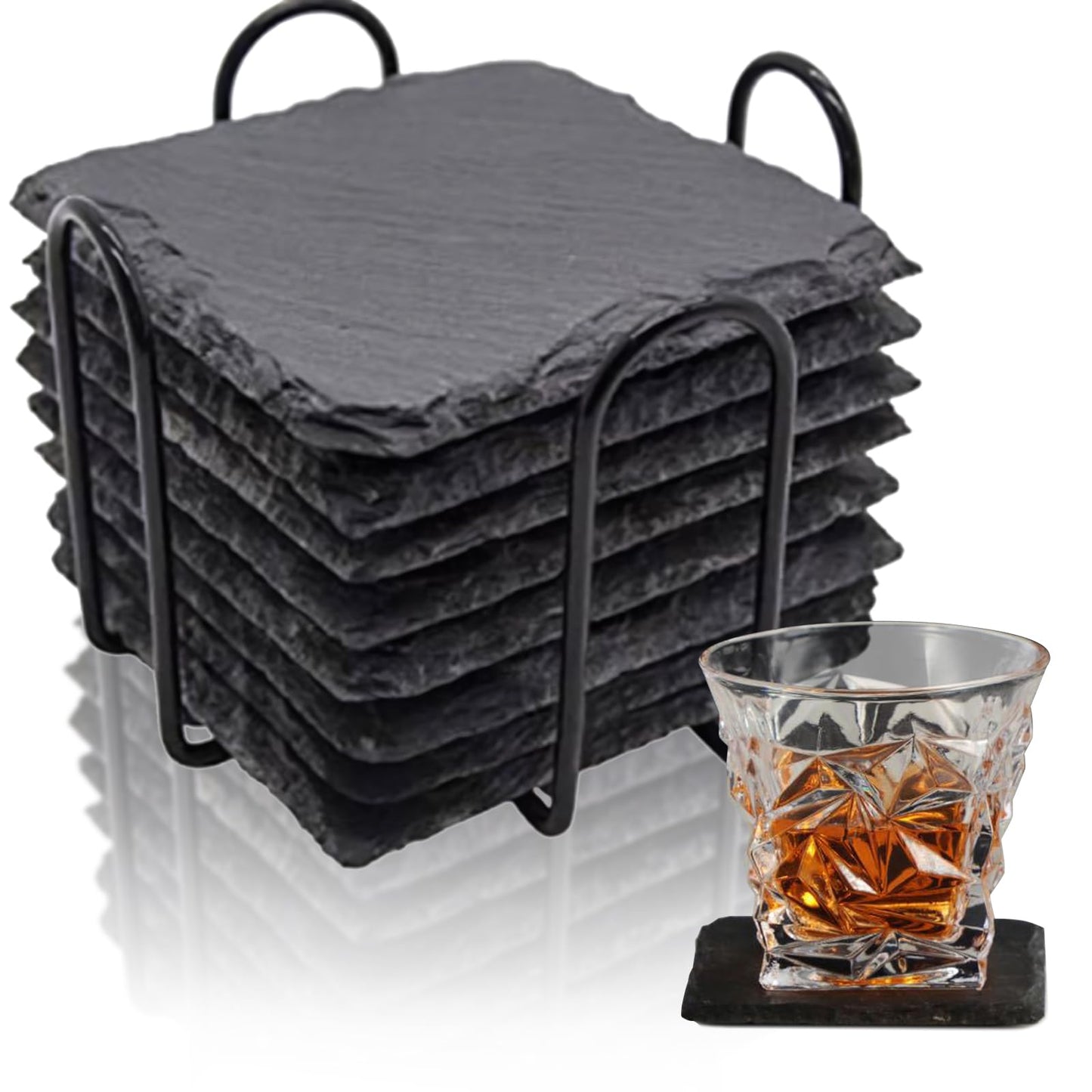 Black Slate Coasters for Drinks, Cup Coaster Set of 8 with Metal Holder, Coffee Cup Beverage Wine Beer Coasters for Home Office Bar Decor (Square)