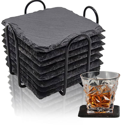 Black Slate Coasters for Drinks, Cup Coaster Set of 8 with Metal Holder, Coffee Cup Beverage Wine Beer Coasters for Home Office Bar Decor (Square)