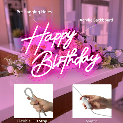 Happy Birthday Neon Sign for Wall Decor, Warm White LED Neon Light Signs, Art Decoration Happy Birthday Neon Light Sign for All Birthday Party Decoration with 2 Pcs Pasters (17×12 Inch)