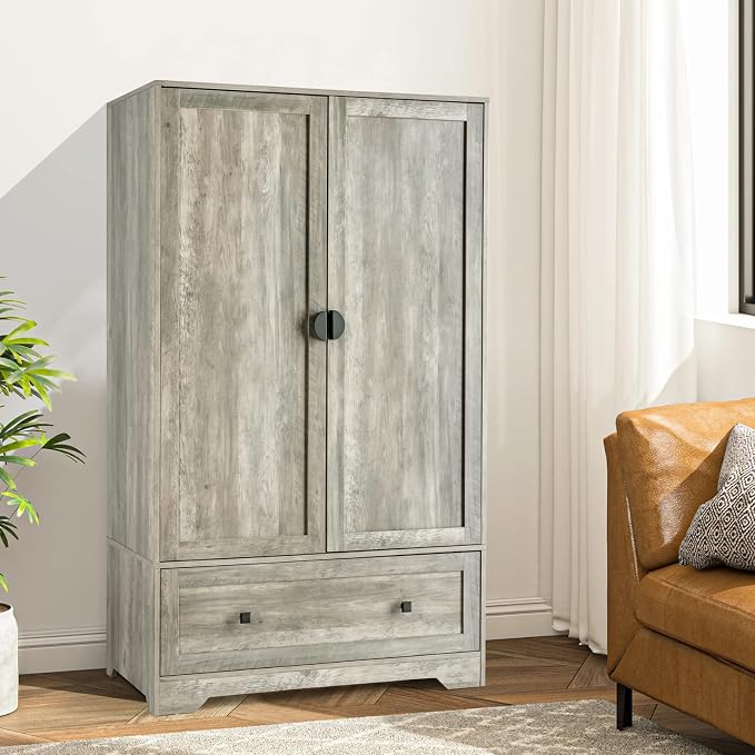 VINGLI Wide Armoire Wardrobe Closet with Hanging Rod, Adjustable Shelves and Drawer, Freestanding Wardrobe Closet with Doors, Bedroom Armoires and Wardrobes, Rustic Grey
