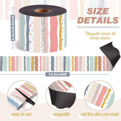 Tenceur 48 ft x 2.76 Inch Magnetic Borders for Whiteboard Decoration, Boho Polka Dots Stripes Magnetic Bulletin Board Border Set for Summer Classroom Office Chalkboard Poster Board Decor