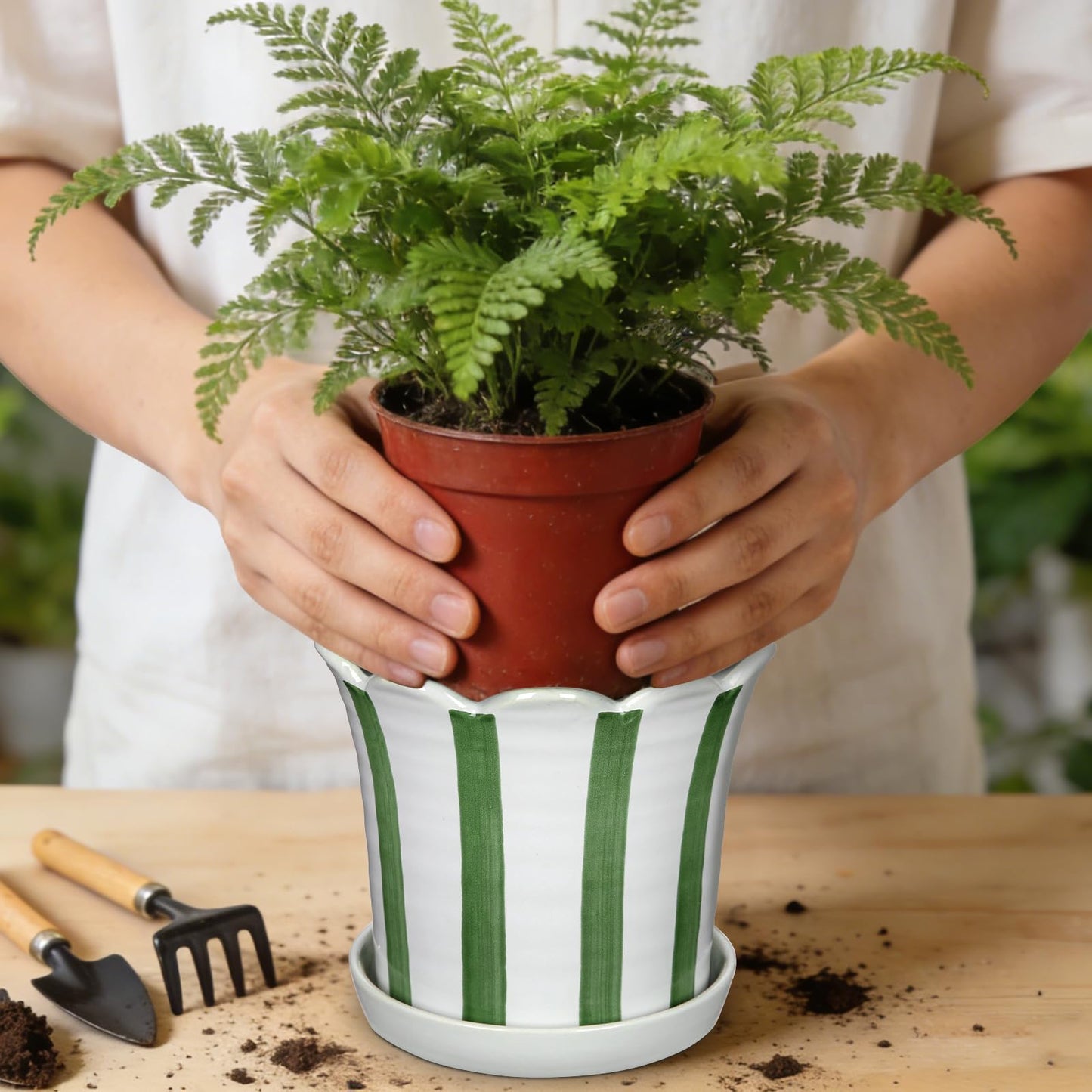 Nature Crafted Set of 2 Flower Planter, 5.8 inch Ceramic Plant Pots with Drainage Hole and Sauser, Stripe Ceramic Planters with Wavy Opening for Indoor Outdoor Home Gardening Desktop Windowsill