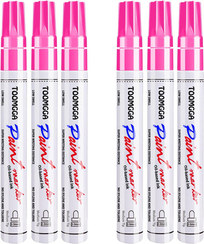 Pink Permanent Paint Pens - 6 Pack Oil Based Paint Markers, Pens For Rock Painting Car Tyre Metal, Plastic, Canvas, Mugs, Wood, Glass, Quick Drying and Waterproof, Medium Point