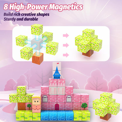 CEMECER Magnetic Blocks, 48PCS 1in Princess Magnetic Building Blocks Toy for Kids Build Cubes, Stacking Magnetic Tiles, Sensory Montessori Construction Toys, Boys Girls Christmas Birthday Gifts.