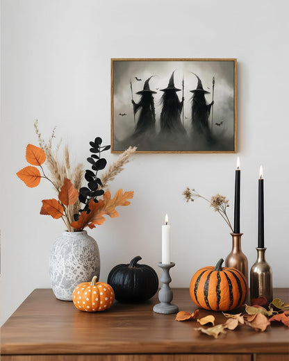 ARPEOTCY Framed Canvas Wall Art, 16x12 Inch Three Witches Print for Halloween Wall Art, Witchcore Gothic decor for Bedroom, Living Room, or Haunted Entryway