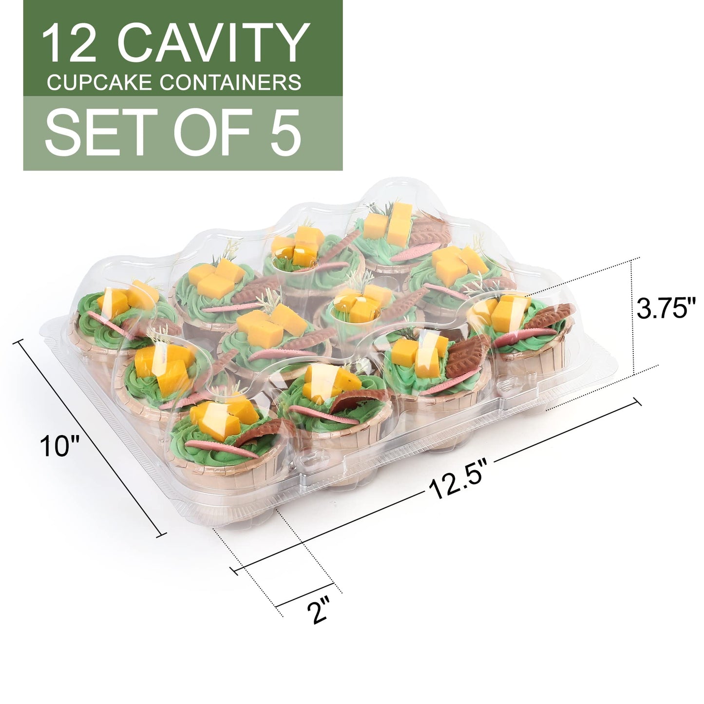 LotFancy (12 Count x 5 Sets) Cupcake Containers with 60 Liners, Plastic Stackable Cupcake Boxes, Disposable Muffin Holder with Detachable Tall Dome Lid, BPA Free, Clear Cupcake Carrier, Standard Size