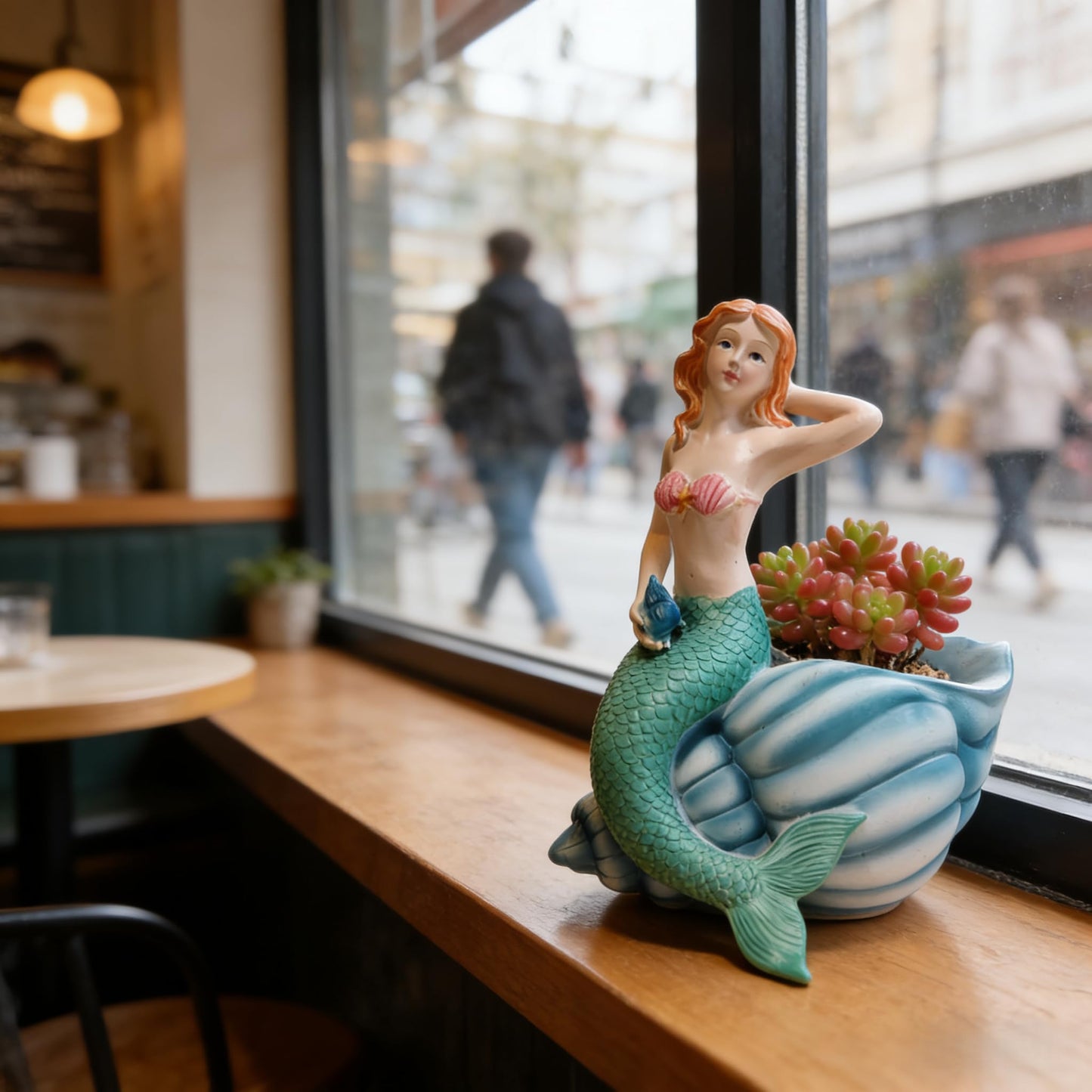 KARSTSYLVA Mermaid Resin Planter Statue, Conch Base Succulent Flower Pot for Home Garden Nautical Decor (Blue)