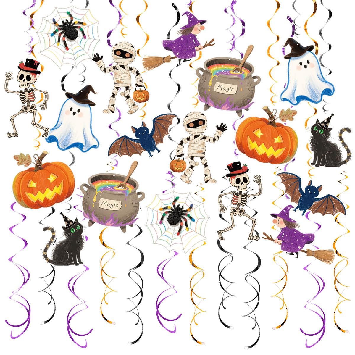 30Pcs Halloween Hanging Swirl Decorations Pre-Assembled Ceiling Streamers with Ghost Pumpkin Spider Skull Cutout Decor for Halloween Birthday Party Baby Shower Office School Home Decorations