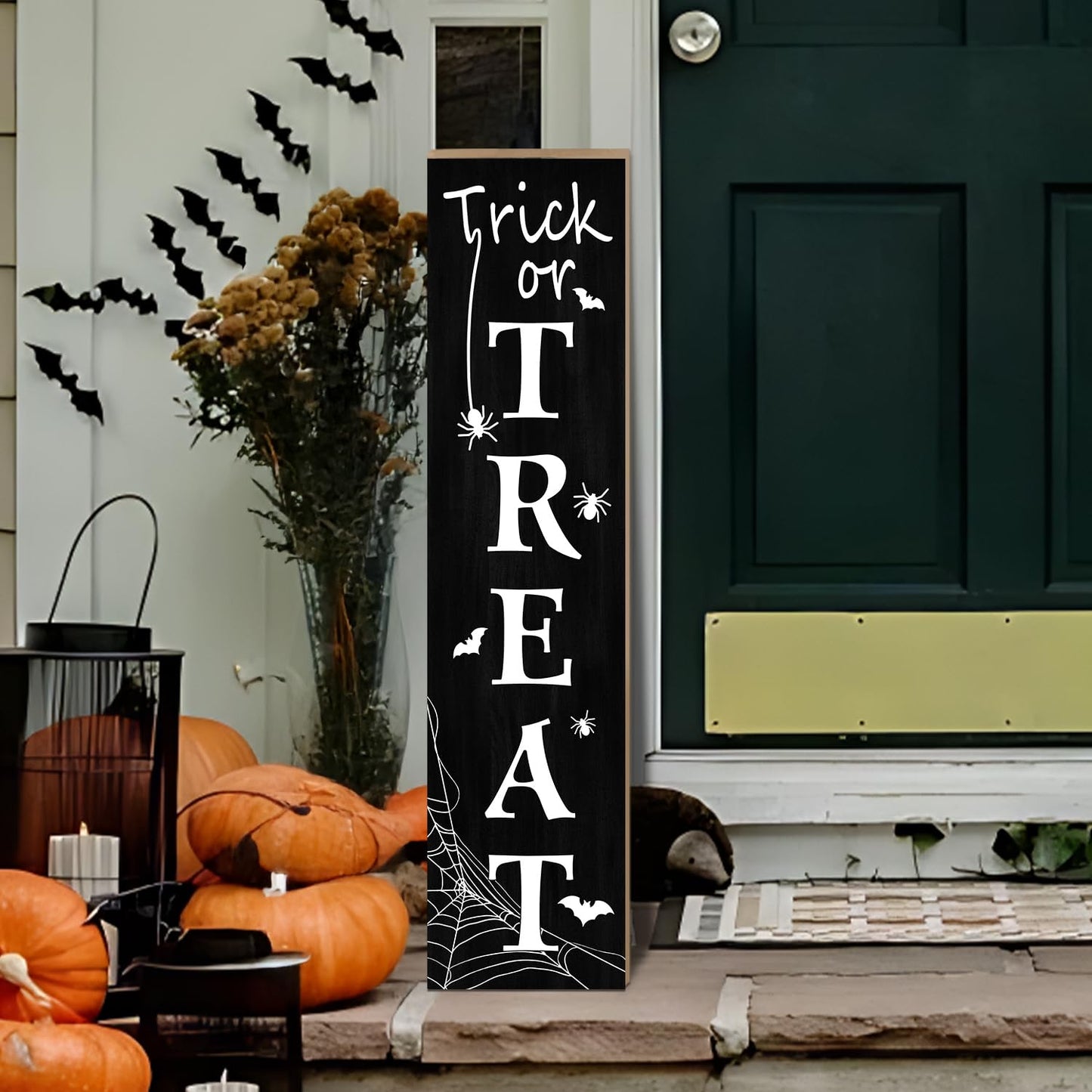Halloween Porch Sign, Trick or Treat Wooden Welcome Sign with Bats, Spiders and Spider Web Design, Vertical Front Door Sign for Entryway, Farmhouse Halloween Porch Decor, 31.5 Inch