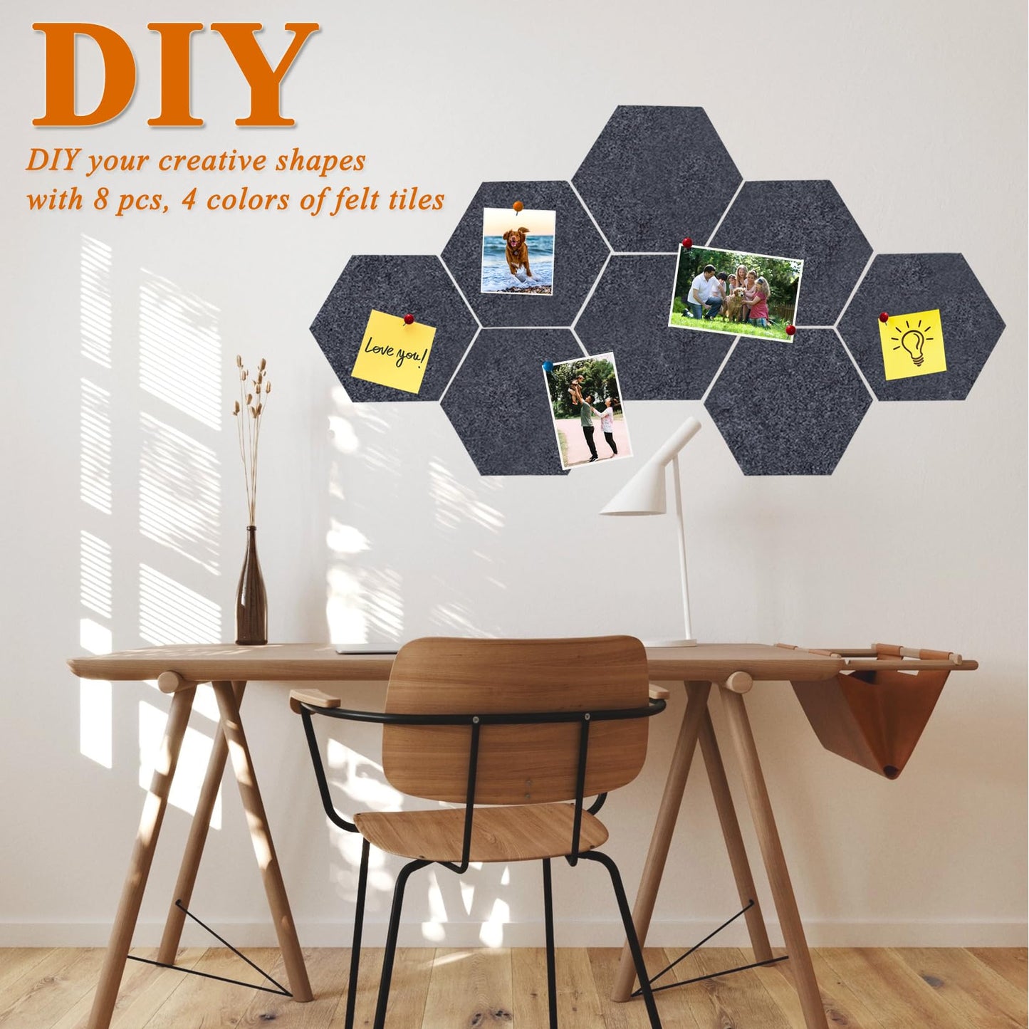 HULAVO 8 Pcs Hexagon Felt Cork Bulletin Board Tiles, Self Adhesive DIY Bulletin Board Pin Board for Office School Home Wall Decor Memos Photos Display(Deep Grey)